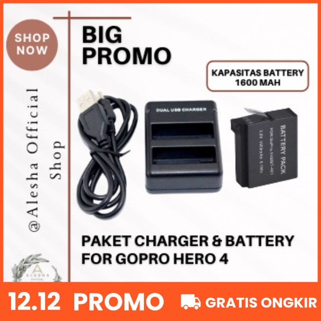 Charger Gopro Hero 4 dan Battery Baterai Go Pro Hero4 Black Silver Batre Action Camera Cam