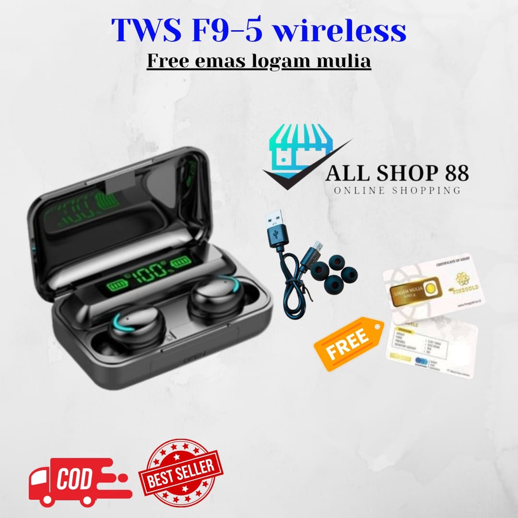 SSAALLEE TWS F9-5 FREE EMAS LOGAM MULIA - HEADSET BLUETOOTH WIRELESS F9-5 + POWERBANK 3500 MAH