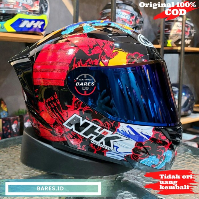 PROMO- Helm NHK Rx9 Samurai Black Red Visor  Blue Spoiler 3D - Visor Blue, M