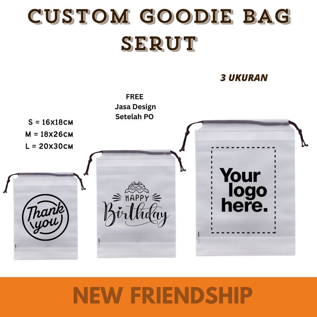 

Custom Logo Nama Tas Serut Suvenir Acara Ulang Tahun Pernikahan Hajatan Goodie Bag NF