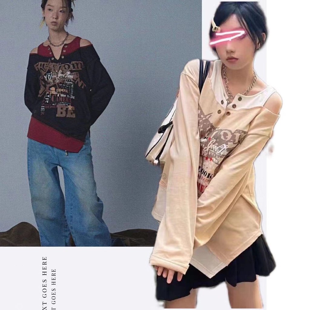 Eyeshe Eyeshe COD##y2k Punk Palsu Dua Potong Dicetak Lengan Panjang Off-The-ShoulderT Kaos Sweater/y