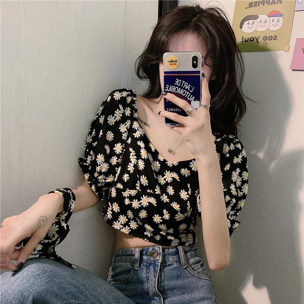 BB -  Nicole Daisy Crop top | Blus Sabrina Wanita Lengan Puff Motif Bunga Daisy Gaya Korea Blouse Wa