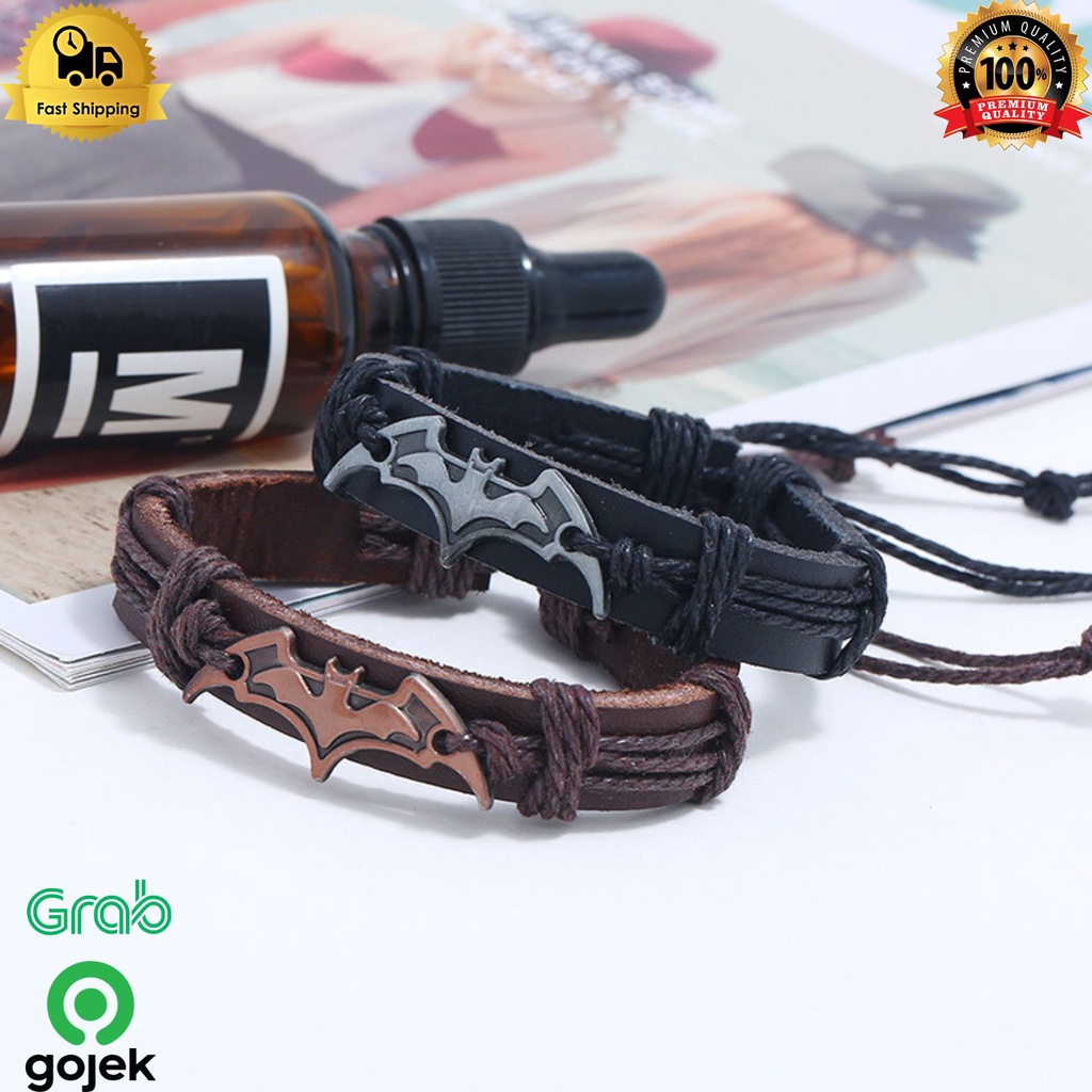Gelang Kulit Tali Hitam Batman Kelelawar Cokelat Adjustable, Gelang Kulit / Gelang Pria / Gelang Wan