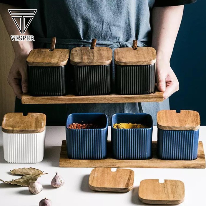 

square premium seasoning jar ceramic vertical strip tempat bumbu dapur - BUMBUVER BLACK