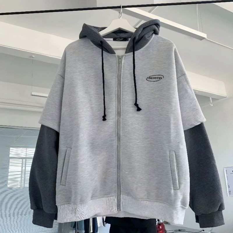 Zip Hoodie Mix Two Tone BIG SIZE (S - 6XL) SIMPLE LOGO Simpel Fake Double Layer Jaket Resleting M L 