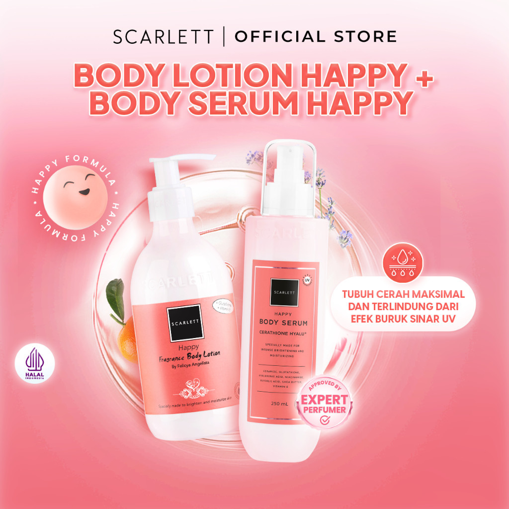 Scarlett 2PCS Whitening Body Serum + Bodylotion Happy Mencerahkan dan Melembabkan Kulit Skincare Set
