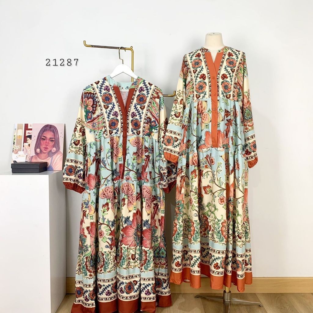 LONG MAXI SLIKY JRY FULL MOTIF PRINTING LENGAN KARET PANJANG VARIASI KANCING DEPAN ROK RUMPLE LEBAR 