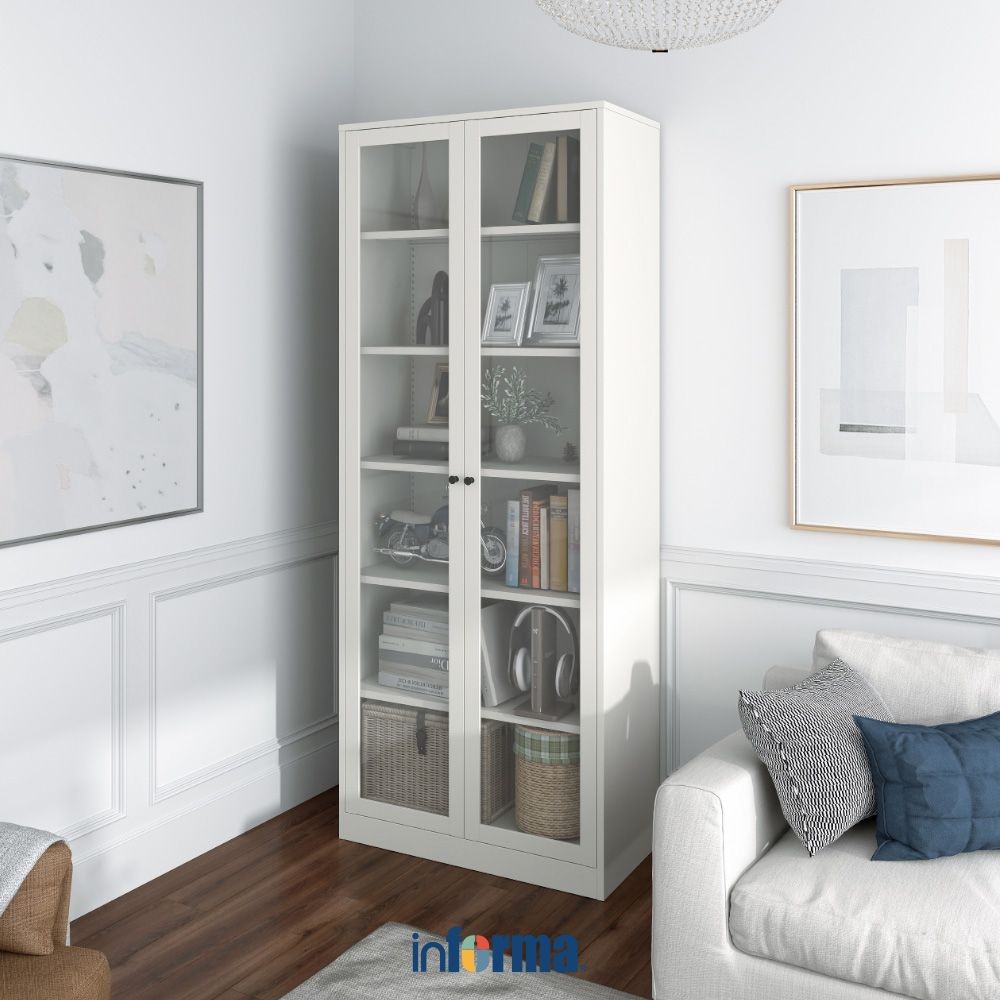 Informa Logan Rak Buku Pintu Kaca - Putih Bookshelf Books Storage Cabinet Kabinet Tempat Buku Dan Ma