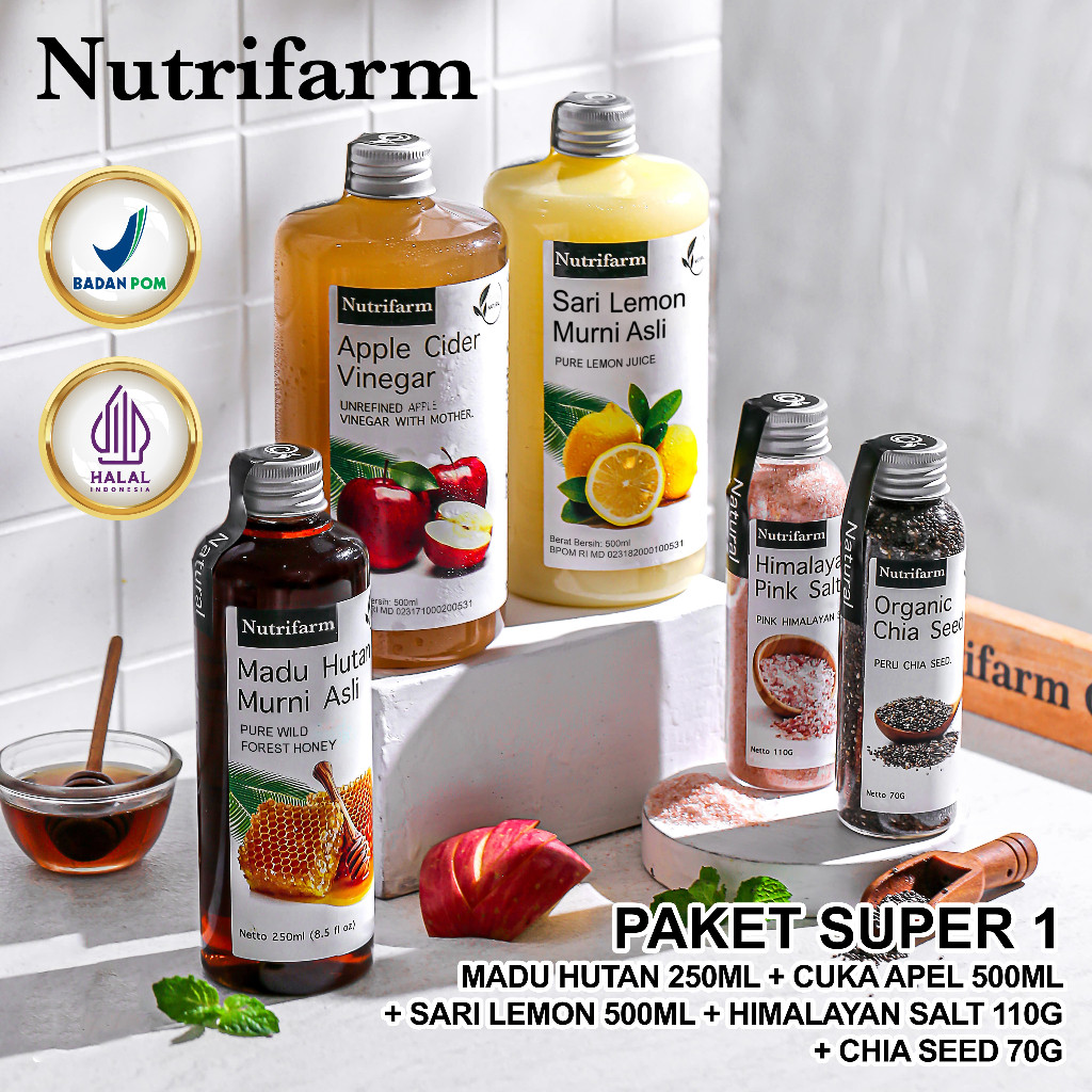 

PAKET SUPER 1 NUTRIFARM/CUKA APEL LEMON MADU HUTAN HIMALAYAN SALT CHIA SEED/CUKA APEL