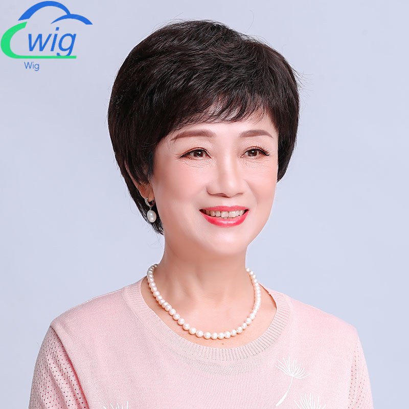 Wig, Rambut nyata, Rambut Manusia Penuh, Penutup Kepala, Rambut pendek, Ibu Wanita, Umur Tengah dan 