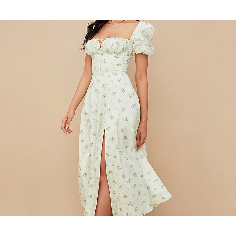 (CUTTING BESAR) Vintage Midi Dress Panjang Rok A Line Kembang Motif Bunga Warna Off White Kehijau Le