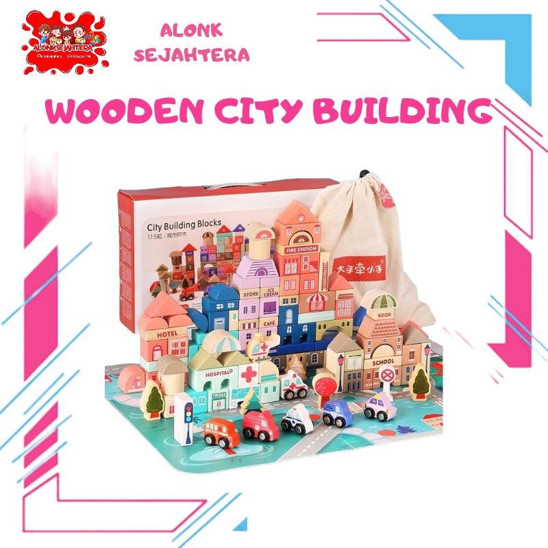 [Alonk.S] READY STOCK 115 PCS Mainan Kayu Balok Bangunan Kota City Building Blocks Kado