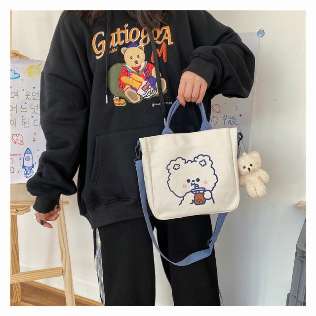 Totebag Kanvas Tas Kanvas Tas Wanita Tas Bahu Kanvas Gaya Jepang - Beruang