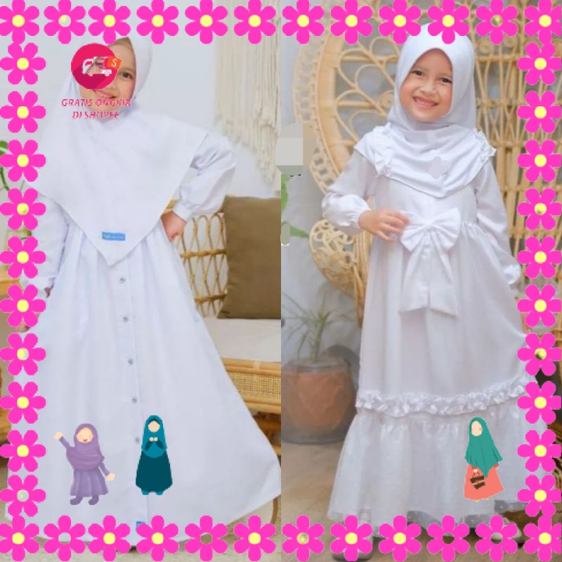 BAJU MUSLIMAH PEREMPUAN MENGAJI PIKNIK KONDANGANLEBARAN/ Set Gamis Anak Warna Putih 1-10 Tahun Gamis