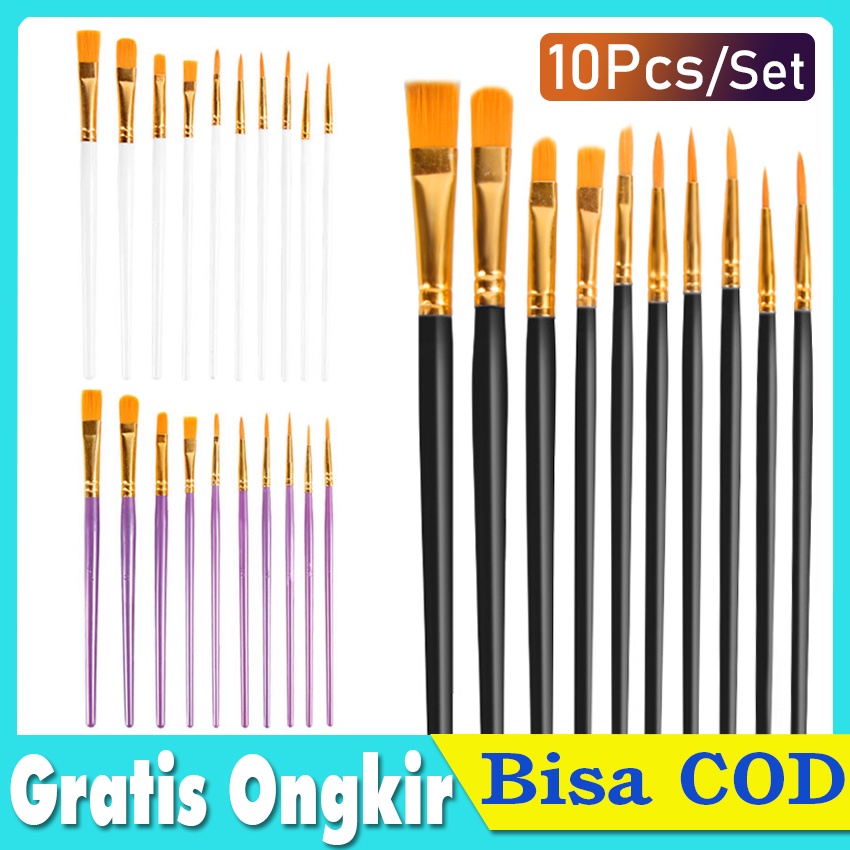 

1 Set 10pcs Kuas Lukis Akrilik Bulu Nilon Cat Air / Minyak Set Paintbrush Ujung Pointed Dan Flat - Artist Paint Brush