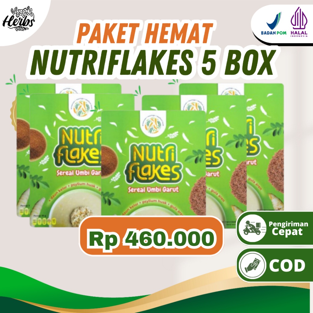 

100% ORIGINAL Paket Hemat - Nutriflakes 5 Box - Sereal Umbi Garut Ekstrak Daun Kelor. Suplemen Makanan Diet. Ampuh Atasi Asam Lambung, Gerd, dan Maag. Bantu Kontrol Kolesterol.