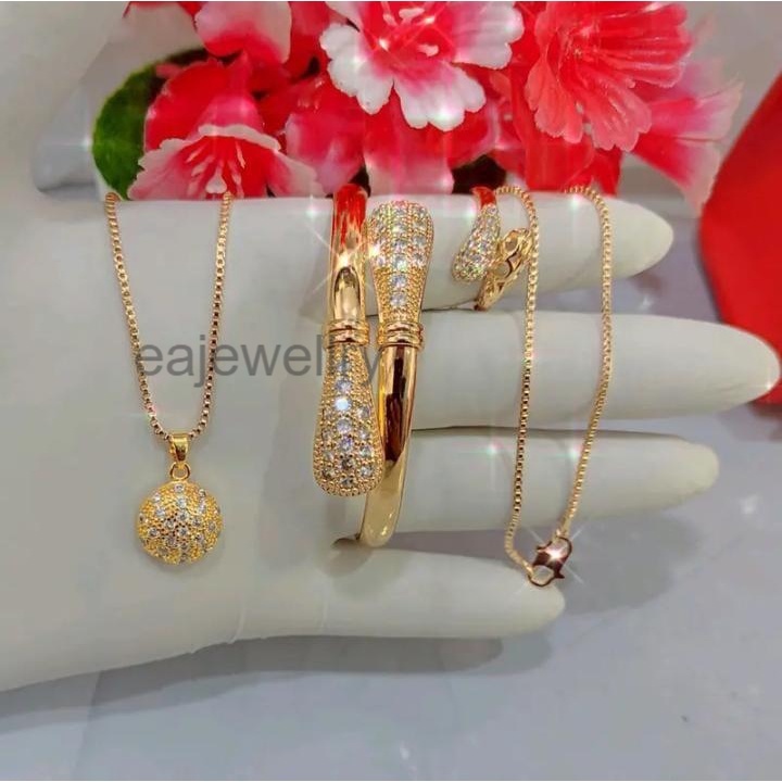 Perhiasan emas satu set realpict lapis emas 24karat mewah simple aksesoris titanium wanita dewasa