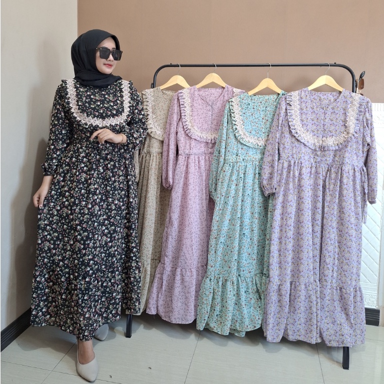 Midi Dress Laura Bahan Ceruty Babydoll Motif Bunga Kecil Gamis Wanita Busui