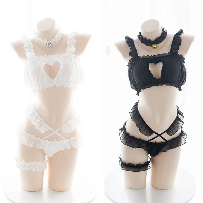 PREORDER Sexy Heart Hollow Out Women Lingerie Set Lolita Bra Intimates Anime Cosplay Costume Transpa