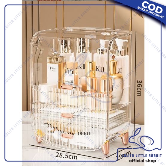 LOLITA Rak Kosmetik dengan Laci dan dengan Tutup Anti Debu Tempat Makeup Skincare Transparan Serbagu