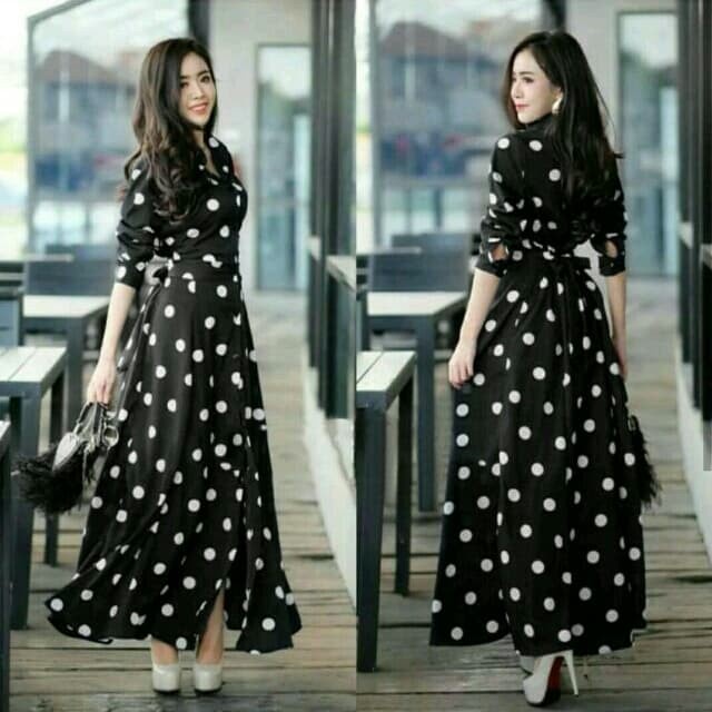 GAMIS DRESS PANJANG HITAM POLKADOT PUTIH POLKA SERRA