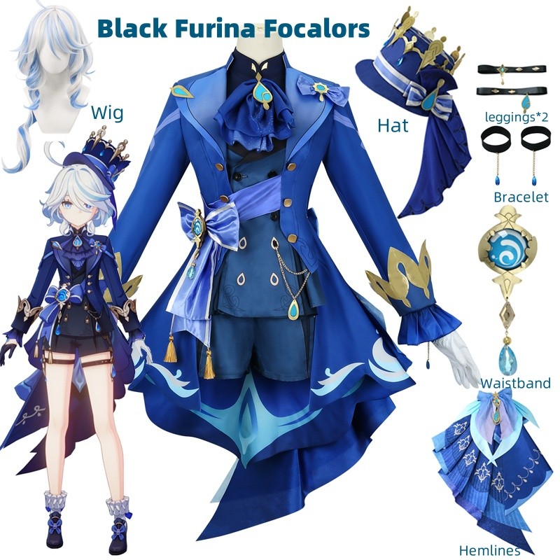 Furina Cosplay Costume Wig Hair Impact Fontaine Focalors with Hat Black Suits High Heel Cosplay Shoe