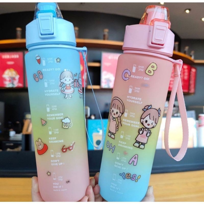 ( BISA COD ) Botol Air Minum VIRAL ORIGINAL 1 LITER Gradasi / Botol Motivasi Free Sticker 3D & 2D + 