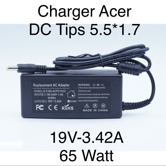 ACER 19V 3.42A 65W 65 Watt DC Tips Jek 5.5*1.7 Charger Adaptor Notebook Laptop with Power Cable Kabe