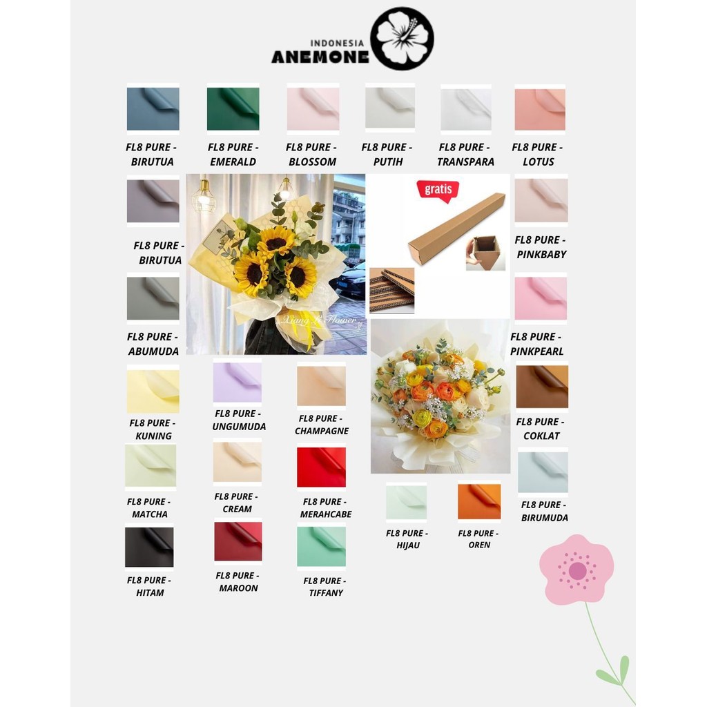 

ANEMONE - (5 LEMBAR) - FL8 PURE Kertas Bunga Buket Warna Polos/Kertas Buket Bunga Florist Cellophane