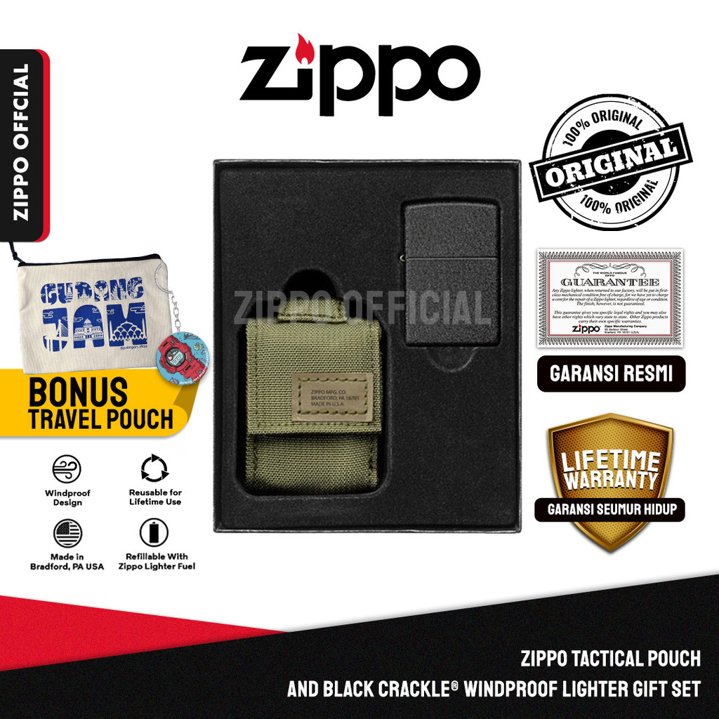 Zippo Tactical Pouch and Black Crackle Windproof Lighter Gift Set 49400 | Garansi Lifetime | Origina