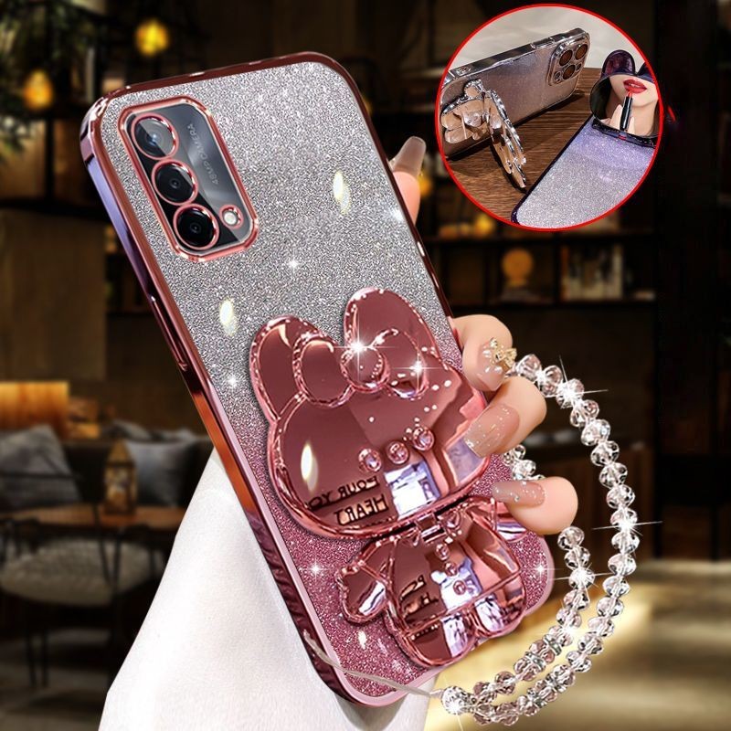 For OPPO A95 4G / A74 4G / A74 5G Phone Case Casing with Crystal Lanyard+Cute Makeup Mirror Rabbit S