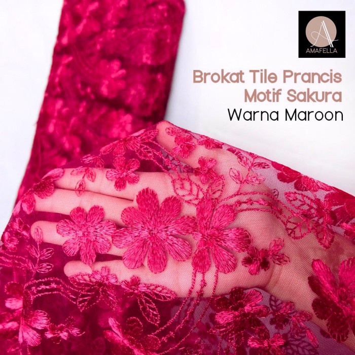 1/2 meter Kain Brokat Tile Prancis Motif Sakura Maroon