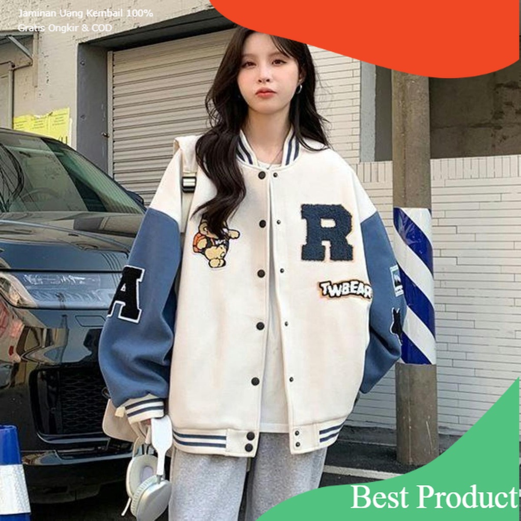 R TW JAKET BASEBALL VARSITY LUCU JACKET WANITA OVERSIZE - JAKET WANITA KOREAN STYLE BAHAN FLEECE HAL