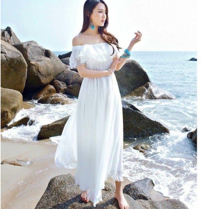 dress putih panjang | dress sabrina dewasa | baju pantai wanita - Putih