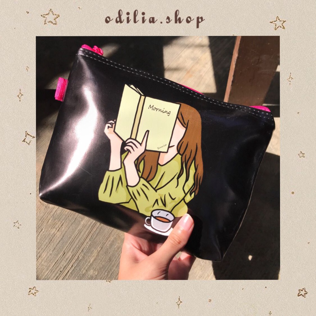Pouch Print Premium Size L Karakter Cute Girl Chibi Korea Aesthetic Warna Hitam Tempat Penyimpanan S