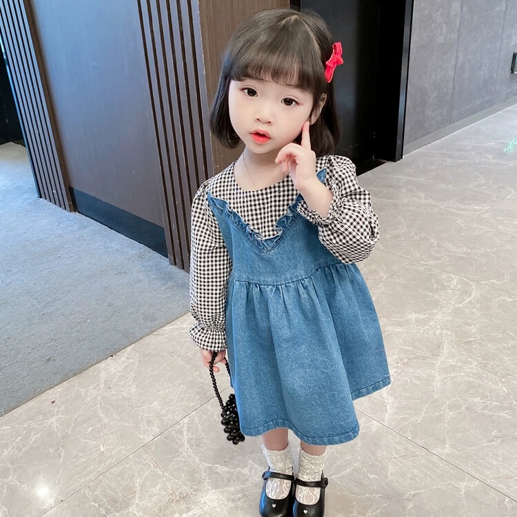 Dress Anak Perempuan 0-3 Tahun Dres Bayi Katun Tangan Panjang Rok Denim Anak Impor
