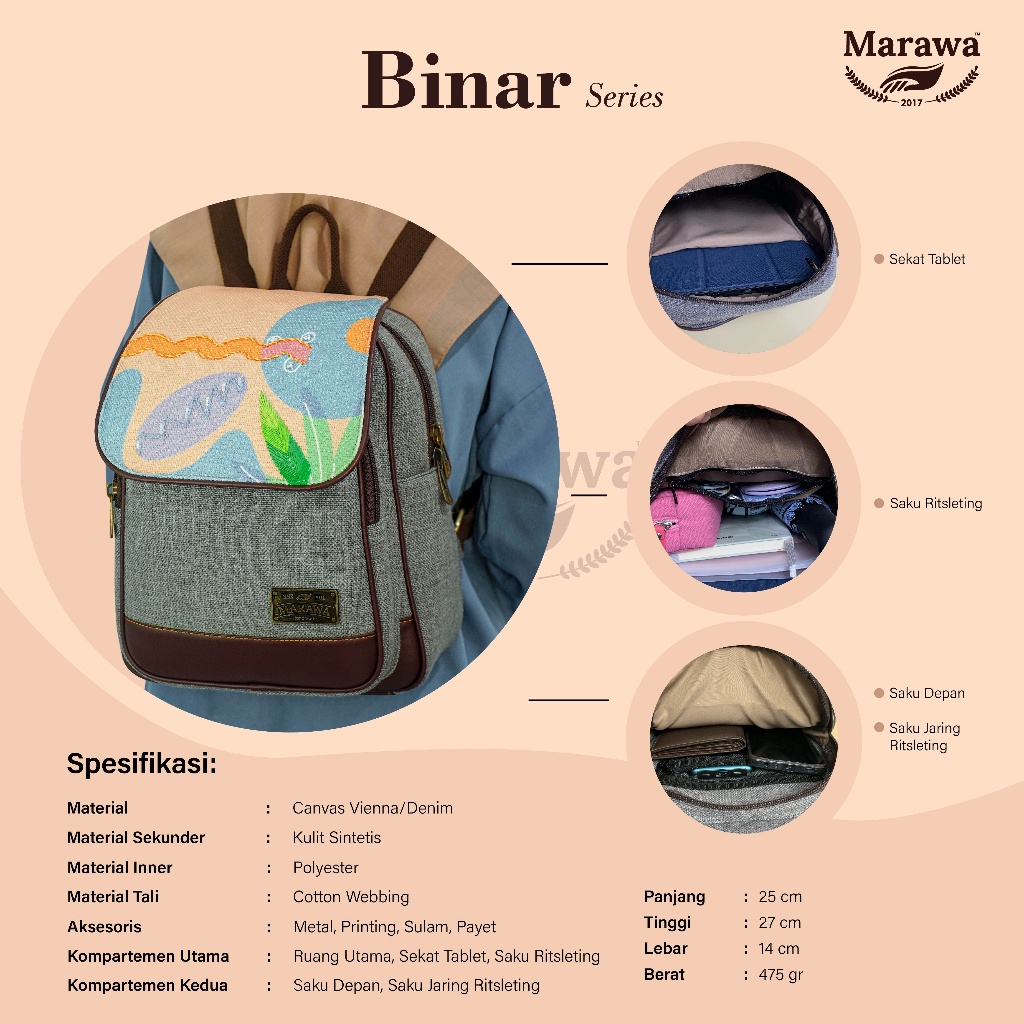 Tas Etnik Wanita Marawa Binar Series Ransel Bahan Kanvas Untuk Kerja Hangout Sehari Hari Motif Print