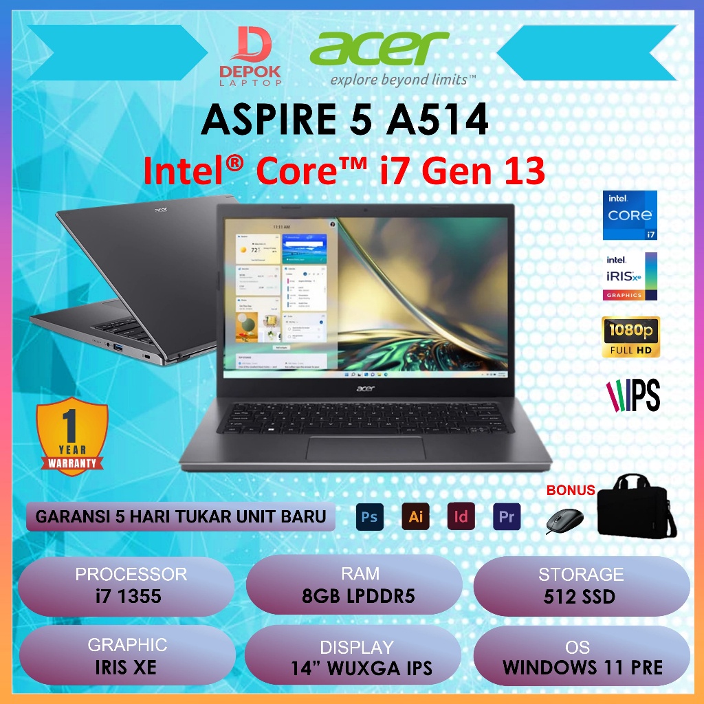 Laptop ACER ASPIRE 5 A514 Core i7 Gen 13 (RAM 8GB LPDDR5) 512SSD Windows 11PRE 14.0FHD IPS NEW GEN 2