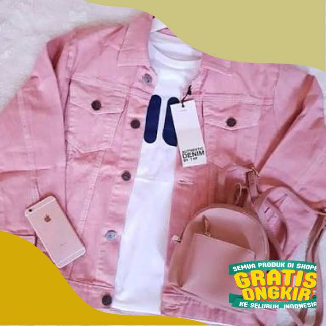JAKET JEANS DENIM OVERSIZE WARNA PINK TUA WANITA /PRIA/ Polkadot kombinasi