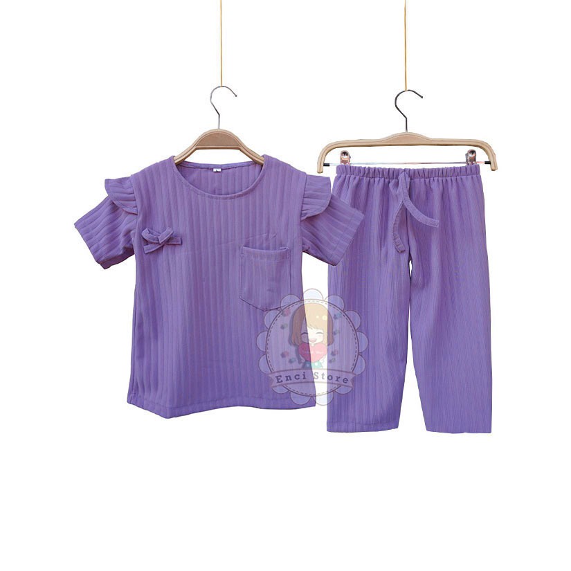 Setcel Anak Cewek Umur 1-10 Tahun Baju Lengan Pendek Celana Panjang Bahan Knit Hornet Oneset Perempu