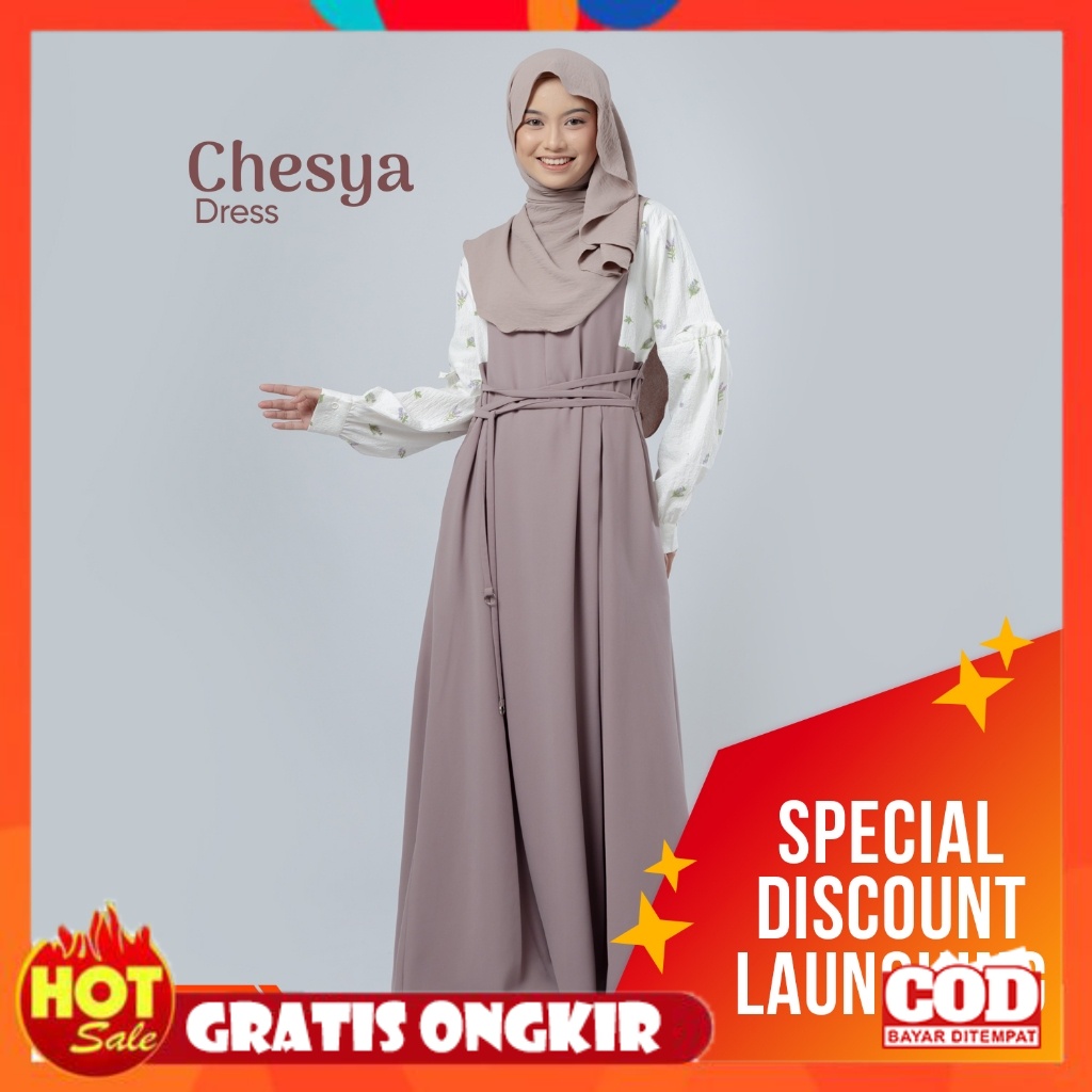 KAIN ADEM HALUS TEBAL / Jilbrave Chesya Dress Gamis Polos Kombinasi Crinkle Motif Bunga Kecil Lengan