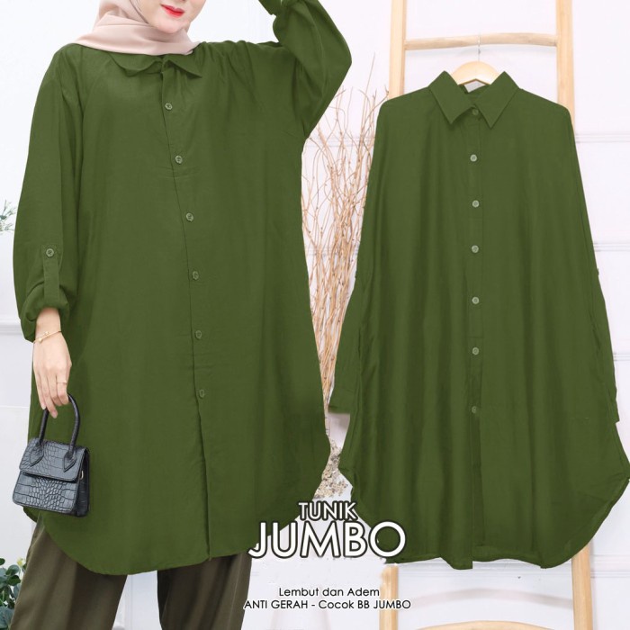 [Big Sale] Baju Tunik Jumbo XXL LD 120 Wanita Kerah Kemeja - Hijau Army, XXL