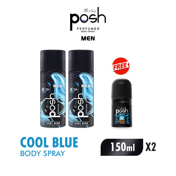 [B2G1] Posh Body Spray Men Cool Blue Botol 150 ml x2 Free Posh Roll On Active Cool