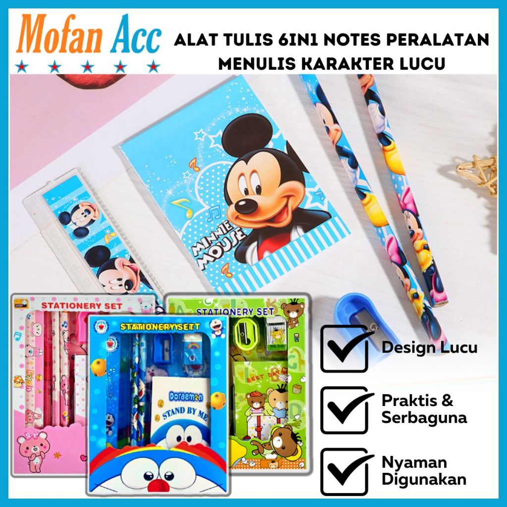 

Alat Tulis 6in1 + NOTES Karakter Lucu / Paket Lengkap Kotak Box Pensil Penghapus Penggaris Rautan Buku Gambar Kartun Imut / Set Mini Stationery Character Isi 6 Pcs ATK Perlengkapan Anak Sekolah Hadiah Kado Ulang Tahun Souvenir Spiderman Mickey Mouse Mini