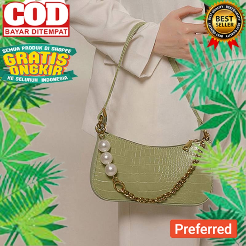 Tas Selempang Wanita Fashion Handbag Sling Bag Shoulder Bag French Vintage Crocodile Stripe Pearl Ch