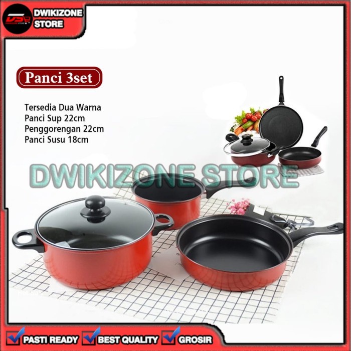 GROSIR PANCI SET 3 IN 1 COMBINATION POT ANTI LENGKET WARNA FRYPAN - Merah