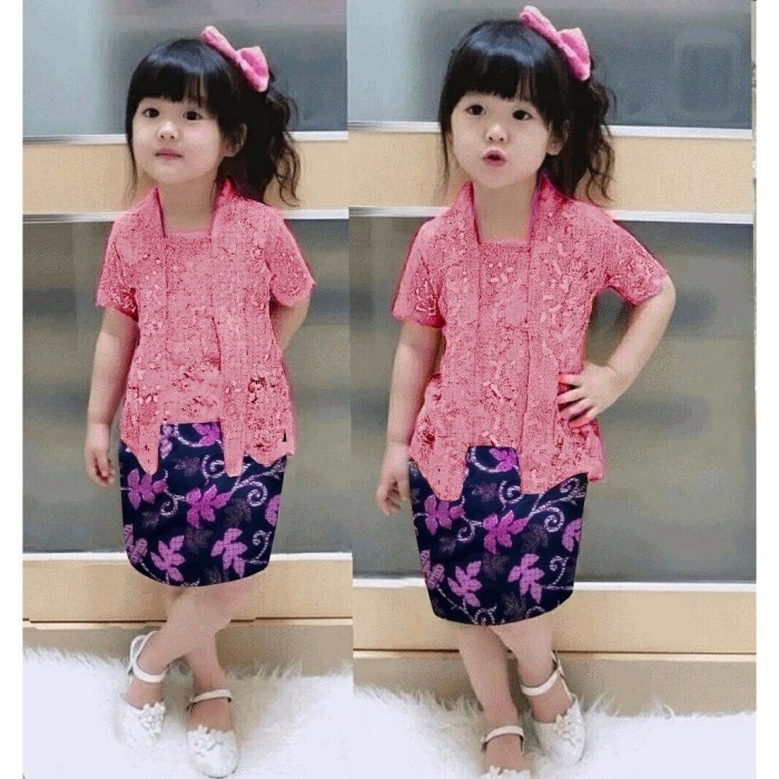 SET Kebaya Anak - Anak Kids Perempuan Brukat Mix Rok Batik Kartini an - HIJAU BOTOL, 2-5Th LD 60cm