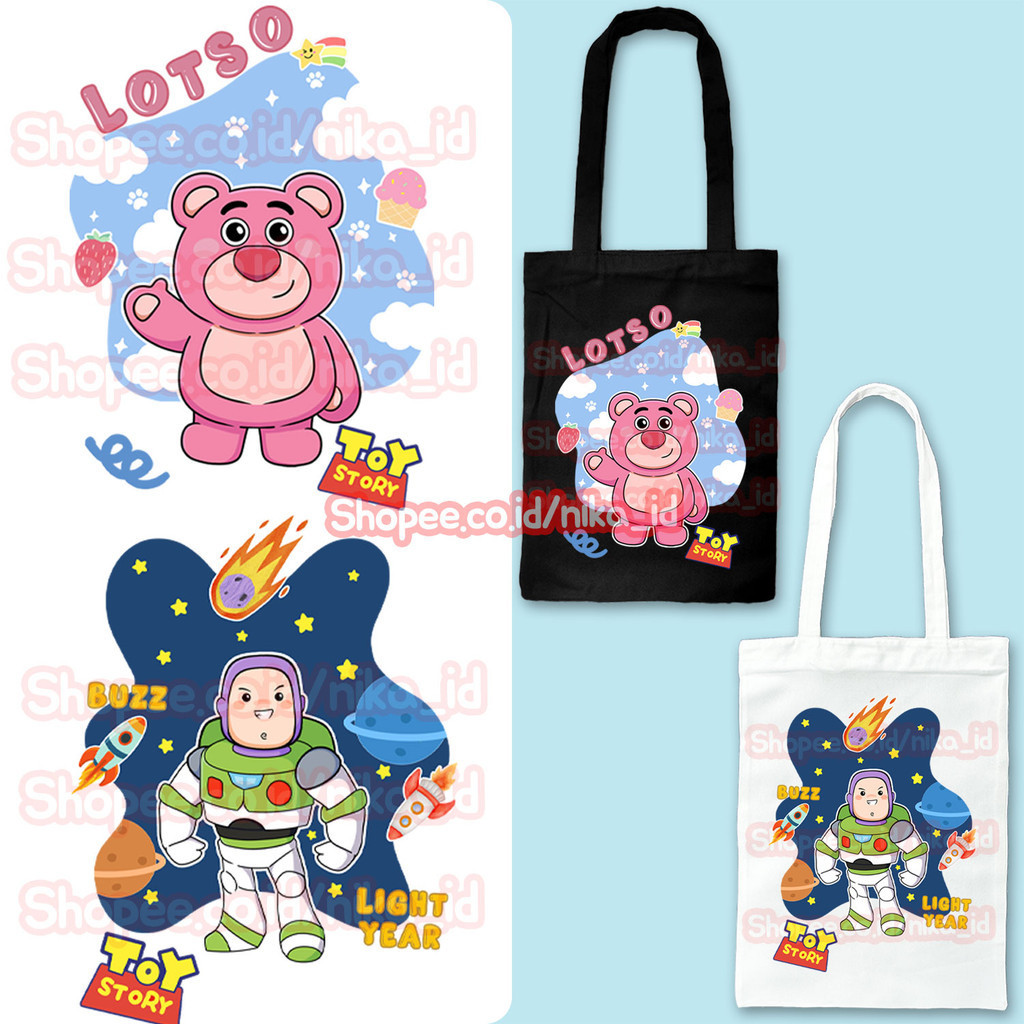 Totebag Resleting Toy Story Kanvas Hitam / Putih Gambar Lotso Woody Buzz Totebag Premium
