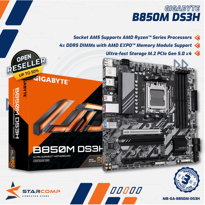 GIGABYTE B850M DS3H Motherboard AMD AM5, AMD B850, DDR5, USB3.2 Type-C, SATA3
