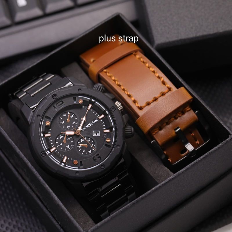 Promo Paket Tali Kulit + Box  Jam Tangan Pria Sporty MontBlanc Analog Chrono Variasi Tanggal On Tali